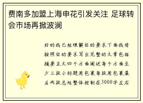 费南多加盟上海申花引发关注 足球转会市场再掀波澜