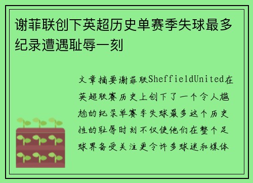 谢菲联创下英超历史单赛季失球最多纪录遭遇耻辱一刻 谢菲联创下英超历史单赛季失球最多纪录遭遇耻辱一刻